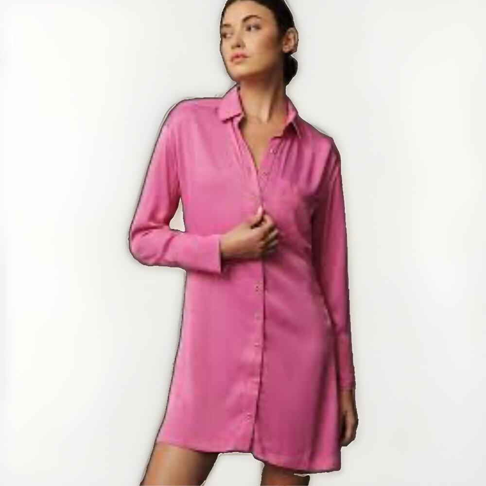 Pilcro Anthropologie Silky Pink Rose Shirt Dress Sz 10 Mini Long Sleeve Casual
